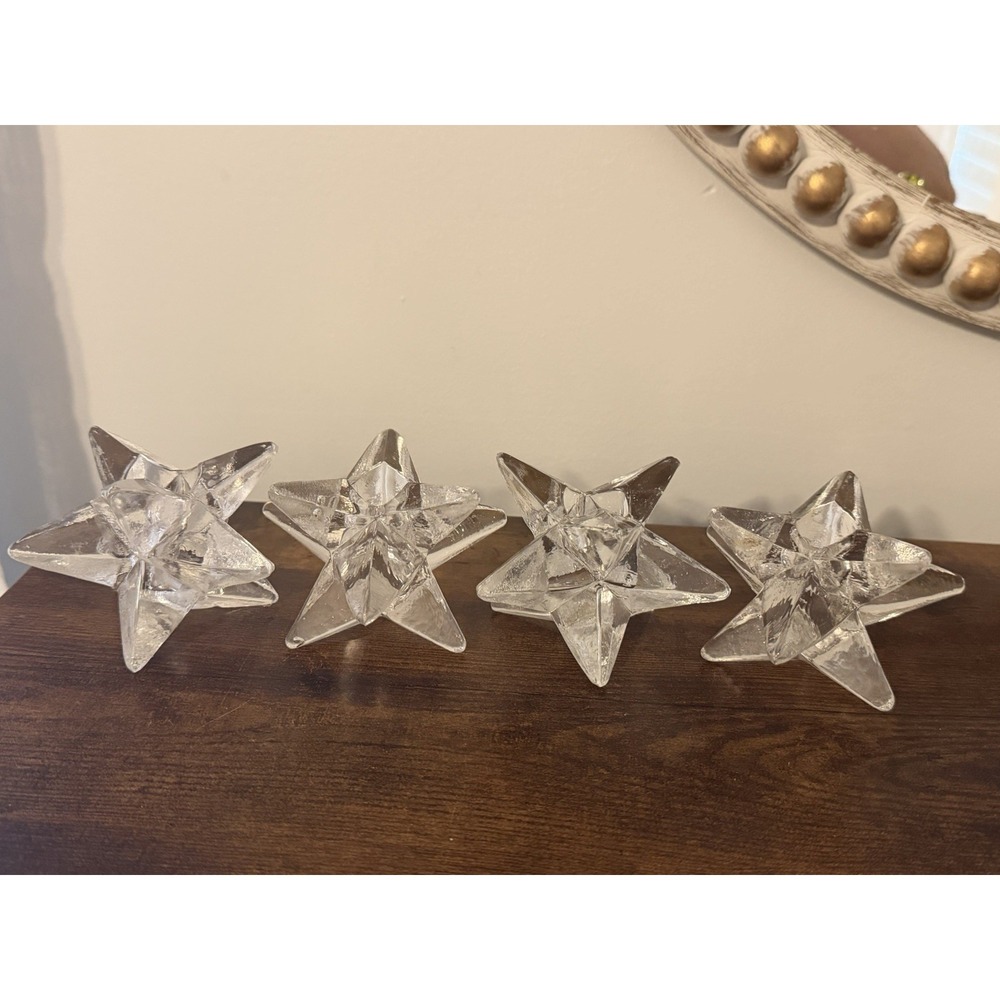 Set 4 Clear Glass Moravian Star Taper Candle Holders 1 Repaired Christmas